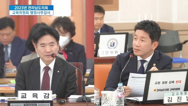 김진남 도의원이 도교육청 대상 행정사무감사에서 김대중 교육감에게 질의하고 있다.
