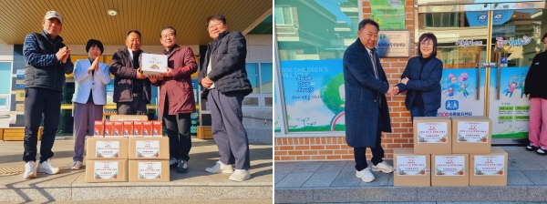 관내 노인요양시설인 ‘순천만요양병원’과 아동복지시설인 ‘순천SOS아동복지센터’를 찾아 신제품을 전달하고 있는 이반촌농원 사진